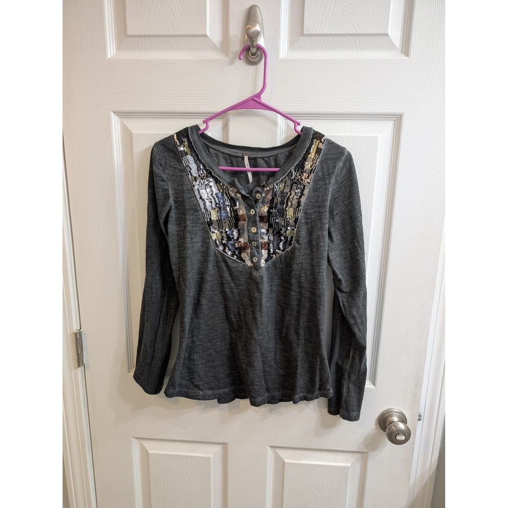 Free People Gray Long Sleeve Henley Shirt Embellished Neckline Button - Size M